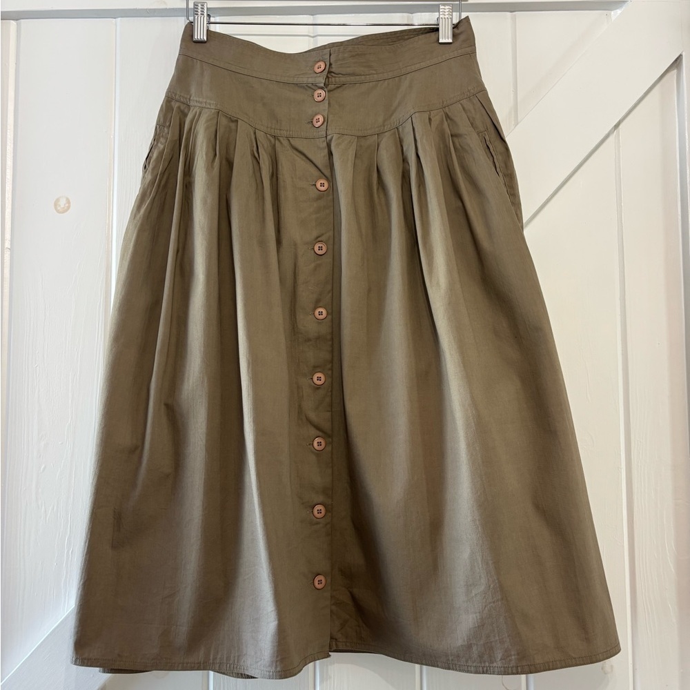 Vintage Kenya Collection Olive Green Button-Front Pintuck Midi Skirt Size 14 - Picture 3 of 9